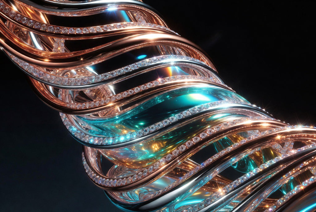 Luxury Metallic Fluid Sculpture Tempered Glass Wall Art – Copper & Turquoise Diamond Waves