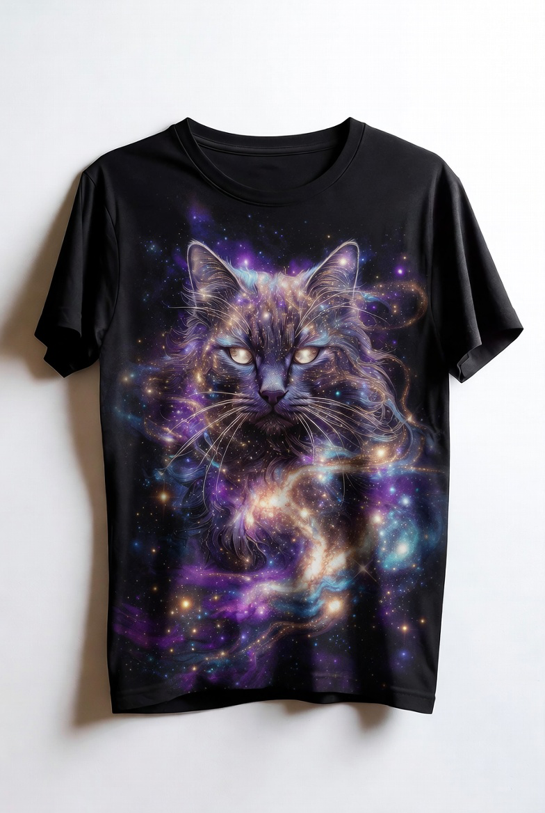 “Cosmic Guardian Cat – Mystical Galaxy Starry Cat Art T-Shirt”
