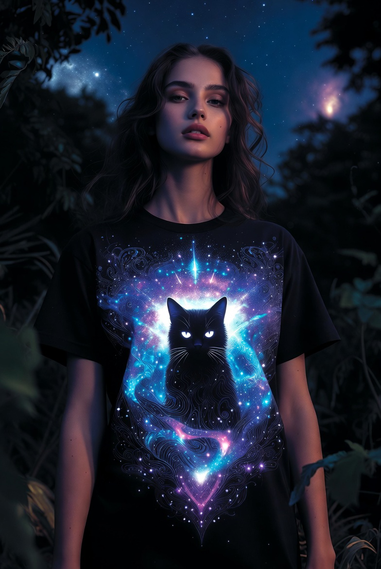 “Cosmic Guardian Cat – Mystical Galaxy Starry Cat Art T-Shirt”
