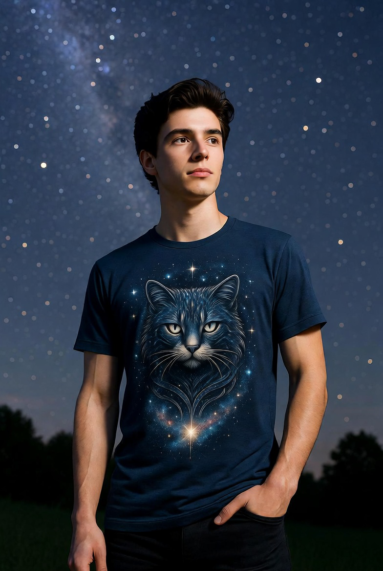 “Cosmic Guardian Cat – Mystical Galaxy Starry Cat Art T-Shirt”