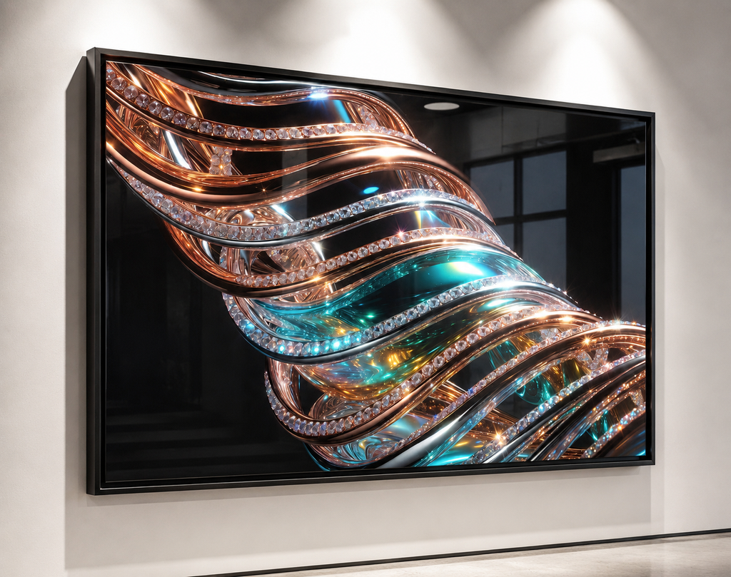 Luxury Metallic Fluid Sculpture Tempered Glass Wall Art – Copper & Turquoise Diamond Waves