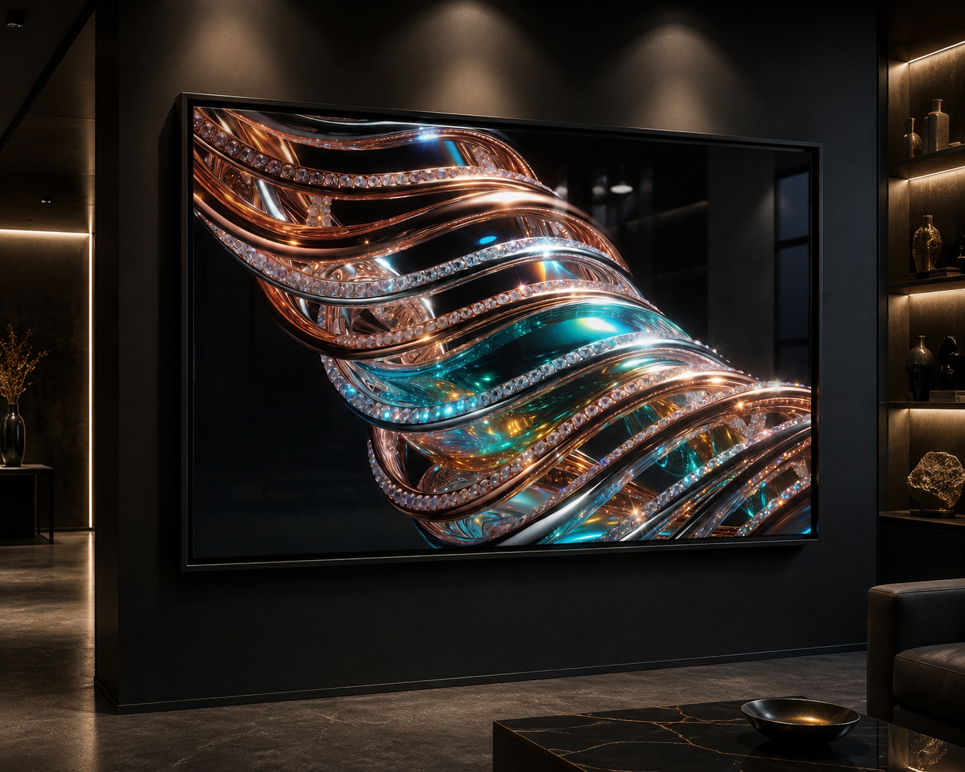 Luxury Metallic Fluid Sculpture Tempered Glass Wall Art – Copper & Turquoise Diamond Waves